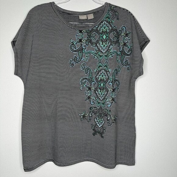 Chicos Zenergy Striped Paisley Top 3 Size XL Black White Cotton Blend - Picture 1 of 10